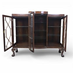  20th century large mahogany breakfront bookcase, with astragal glazed doors revealing an adjustable glass shelved interior, raised on ball and claw feet 
