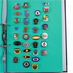 Amateur rugby league enamel badge collection, teams including Birmingham Bulldogs, Bridlington, Dudley Hill, Duke of York, Edinburgh Eagles, Guiseley, Rangers, Huntingdon, Keighley Town, Leigh Miners, Pilkington Recs, St Josephs, Thornhill Trojans, West London Sharks etc, all displayed in three folders and six amateur league badges from Leeds & District, Hull & District, York & District, Warrington, Lancashire County and Yorks County in box display, (approximately 270)