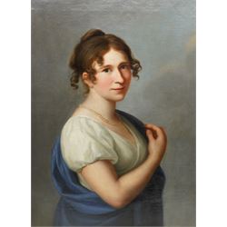 Circle of Angelica Kauffman (Swiss 1741–1807): Half-Length Portrait of a Young Woman in Classical Dress, late 18th century oil on canvas unsigned 70cm x 53cm