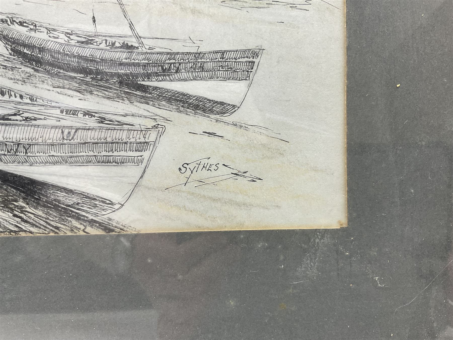 Desmond 'Des' G Sythes (British 1929-2008): 'Old Whitby - East Side', pen and ink signed, titled on label verso 36cm x 51cm