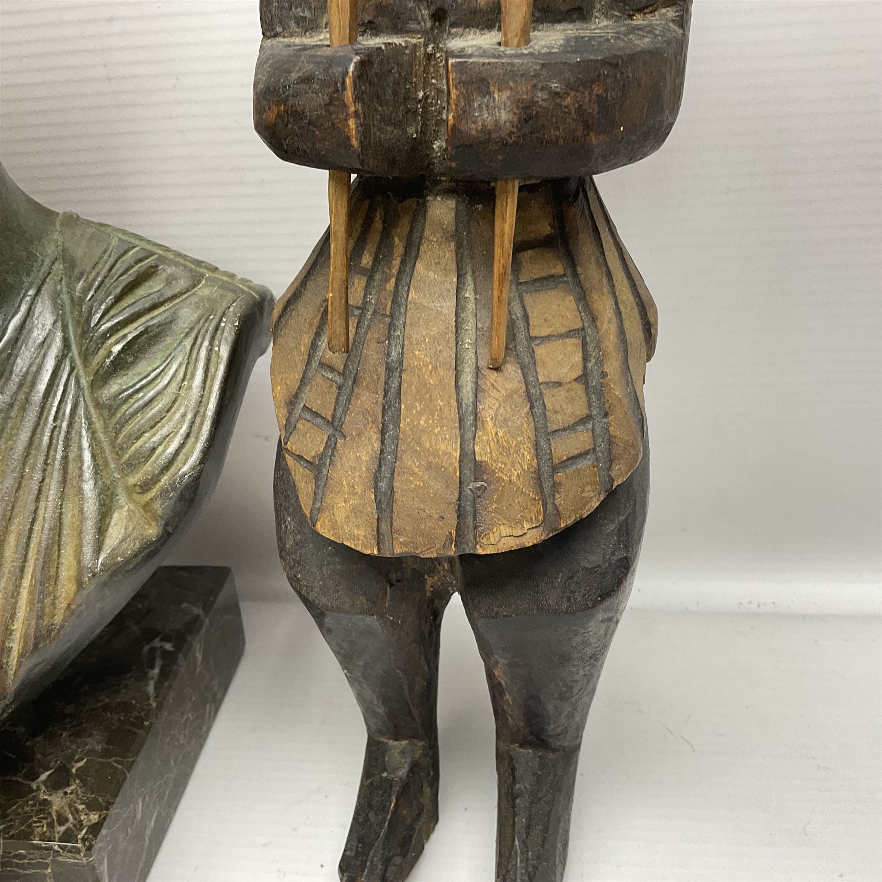 Bronzed bust of Greek man upon a marble base, together with two wooden sculptures 