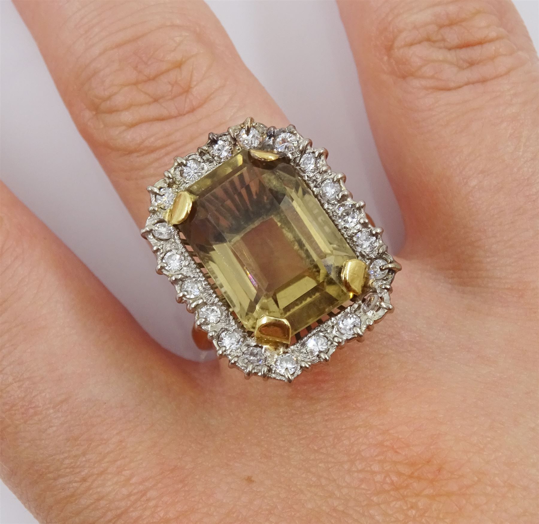 Gold emerald cut citrine/smoky quartz and diamond ring, stamped 18ct 