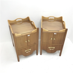 Pair Georgian style mahogany nightstands, raised shaped sides, two cupboard doors above single drawer, square supports, W46cm, H72cm, D54cm