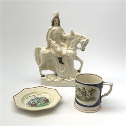 An early Victorian earthenware frog or surprise mug, decorated with printed and overpainted figural panels, H11cm, together with a 19th century child's plate detailed with a figural scene and inscribed Father Matthew administering the total abstinence pledge, 17.5cm, and a Staffordshire flat back figure seated upon a horse, H33cm. 