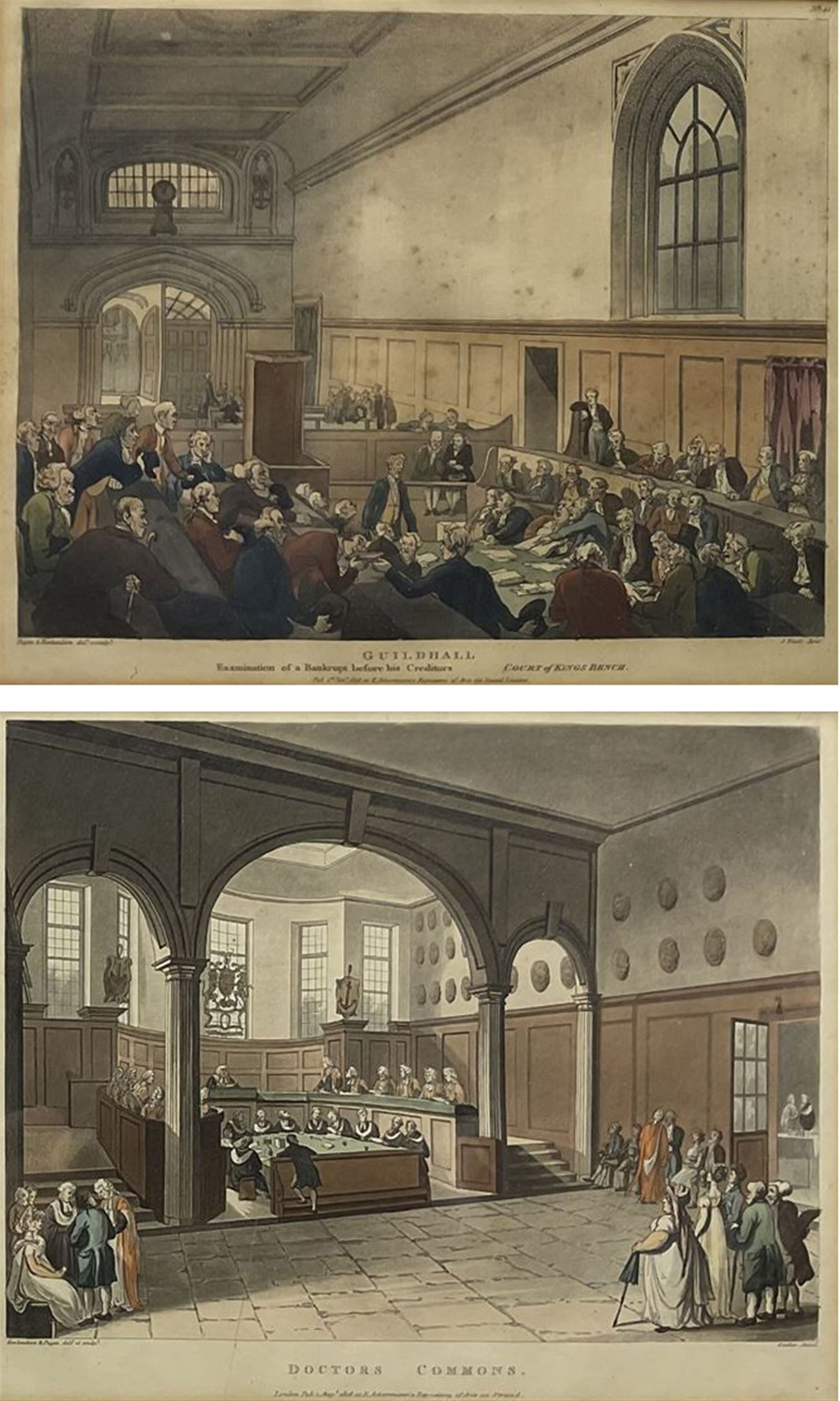 Charles Augustus Pugin (British 1762-1832) and Thomas Rowlandson (British 1757-1827): 'Guildhall' and 'Doctors Commons', pair early 19th century hand-coloured lithographs 22cm x 27cm