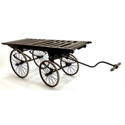 Victorian oak hand pulled cart funeral bier, rolling top, bow suspension, steering arm and spoke graduation wheels 