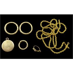 Gold engine turned mourning locket, gold clasps and chain, all 9ct tested, approx 9.2gm