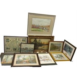 Map of York, landscape oil in gilt frame, two landscape watercolours, and further prints (qty)