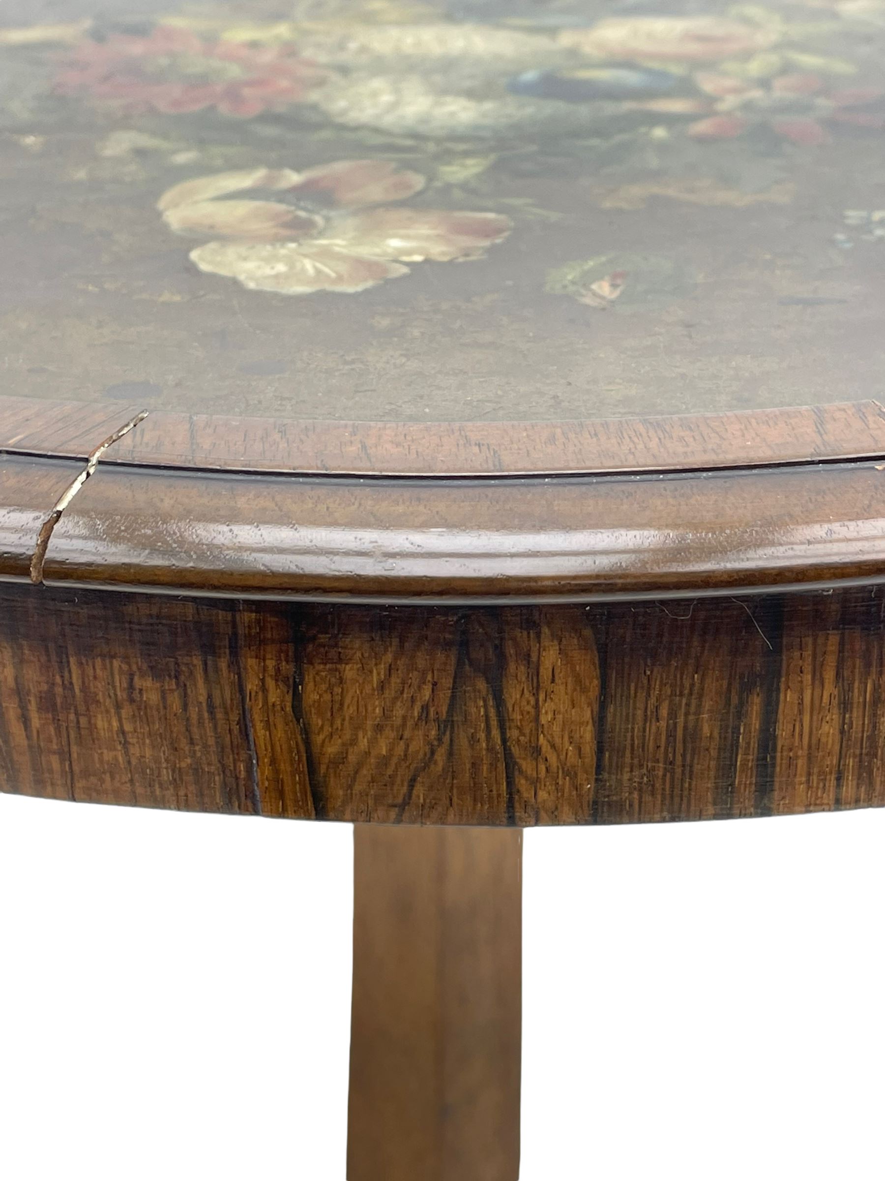 Early Victorian rosewood tripod pedestal table, circular moulded top hand painted with flowers and birds on slate, on tapered hexagonal column with carved acanthus leaf baluster, three splayed supports carved with foliage and scrolling terminals 