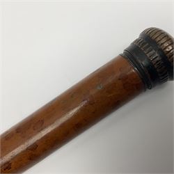 19th century malacca walking cane, the screw threaded domed cover opening to reveal vacant recess, above a further screw threaded opening revealing a removable glass vial with stopper, glass vial L41cm, cane L89.5cm