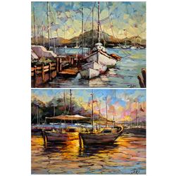 Joro (Continental 20th century): Moored Boats in Daylight and Sunset, pair oils on canvas signed 29cm x 39cm (2)