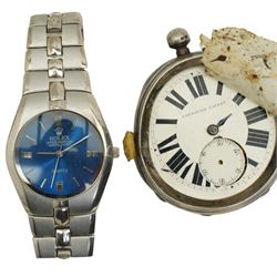 Silver pocketwatch marked Robert Gravenor, Chester, 1892 (damaged), 2017 silver Krugerrand with four other coins; and a Rolex style wristwatch