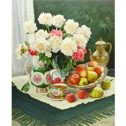  Gregori (Lysechko) Lyssetchko (Russian 1939-): Still Life of Flowers Fruit and Tea ware, oil on canvas signed and dated 2001, 72cm x 59cm  DDS - Artist's resale rights may apply to this lot    