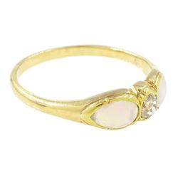 Early 20th century gold opal and diamond three stone ring, single old cut diamond of approx 0.10 carat, with a single cabochon pear cut opal set either side