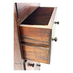 Victorian pine wall-hanging corner cupboard, shaped plinth base (W52cm, H90cm); Victorian narrow chest fitted with four drawers, on tapered supports (W42cm, D38cm, H110cm); mahogany framed bench with upholstered seat, hinged lid enclosing storage (W92cm, H51cm)
