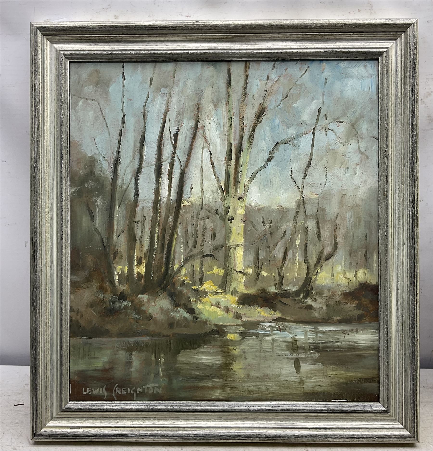 Lewis Creighton (British 1918-1996): Birches by the Stream, oil on board signed 43cm x 39cm 