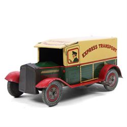 Wells Brimtoy tinplate clockwork 'Express Transport' delivery van, green body with cream r...
