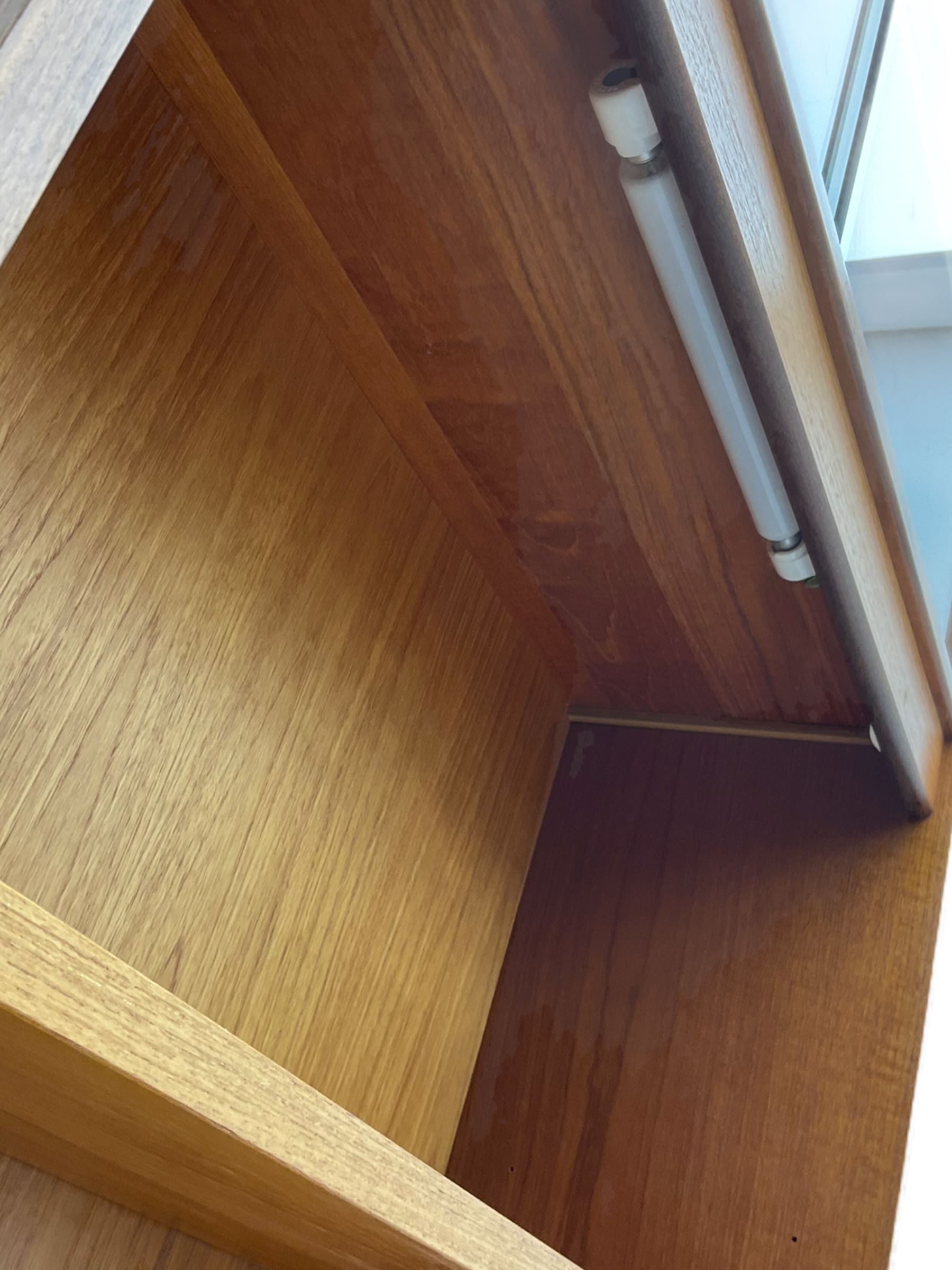 G-Plan teak two sectional modular wall display cabinet, fitted with sliding glass doors, double cupboard and three drawers