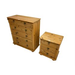 Pine chest, fitted with five drawers flanked by fluted uprights, on compressed bun feet (80cm x 36cm x 86cm); with matching pine bedside chest fitted with three drawers (46cm x 36cm x 54cm)