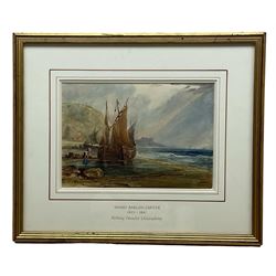 John Hamilton Glass (Scottish 1820-1885): Dutch Fishermen on the Shore, watercolour signed 24cm x 34cm; Manner of Henry Barlow Carter (British 1804-1868): Boats Unloading on the Shore, watercolour unsigned, various labels verso 17cm x 24cm; R Bayles (British 20th century): 'Morning Mists', watercolour signed titled and dated 1947, 14cm x 26cm (3)