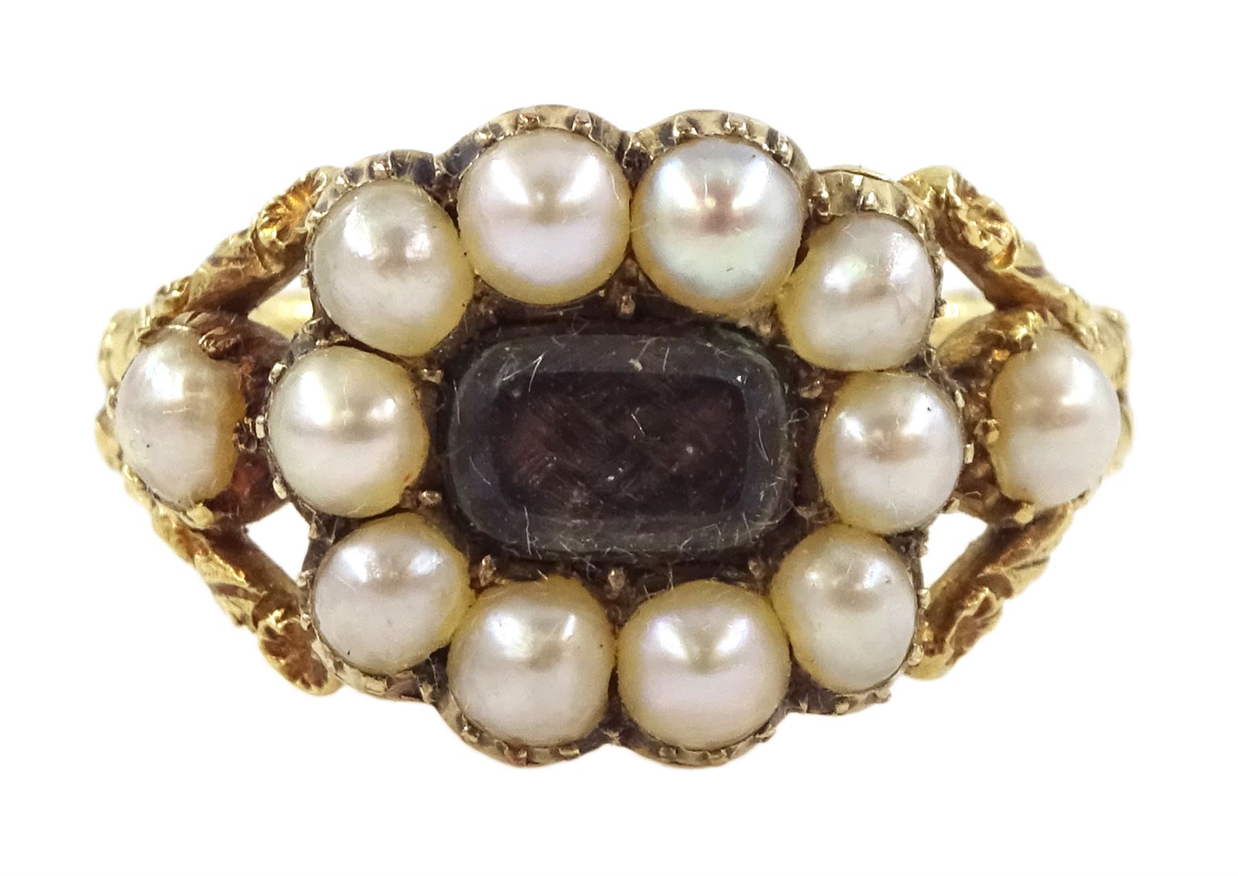 George III gold split pearl mourning ring, with engraved foliate decoration shank, dated 1818