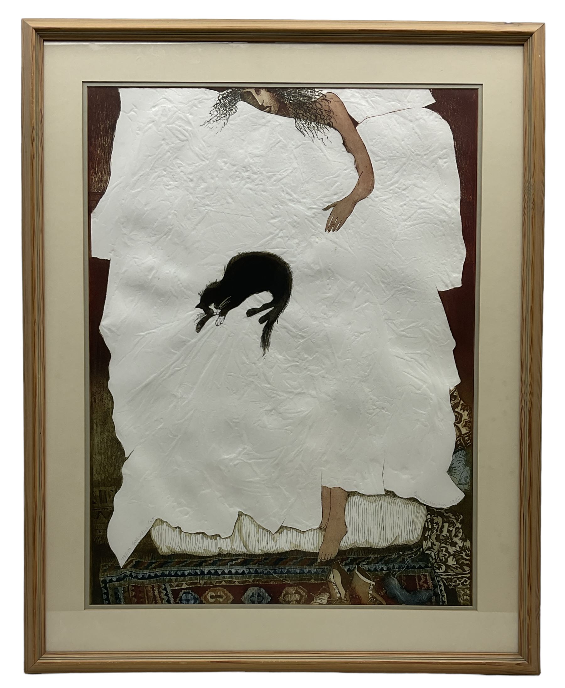 Brenda Harthill (British 1943-): 'Girl with Cat', limited edition colour etching on embossed paper signed titled and numbered 73/150 in pencil 74cm x 56cm
Provenance: Purchased from RA Summer Exhibition 1985