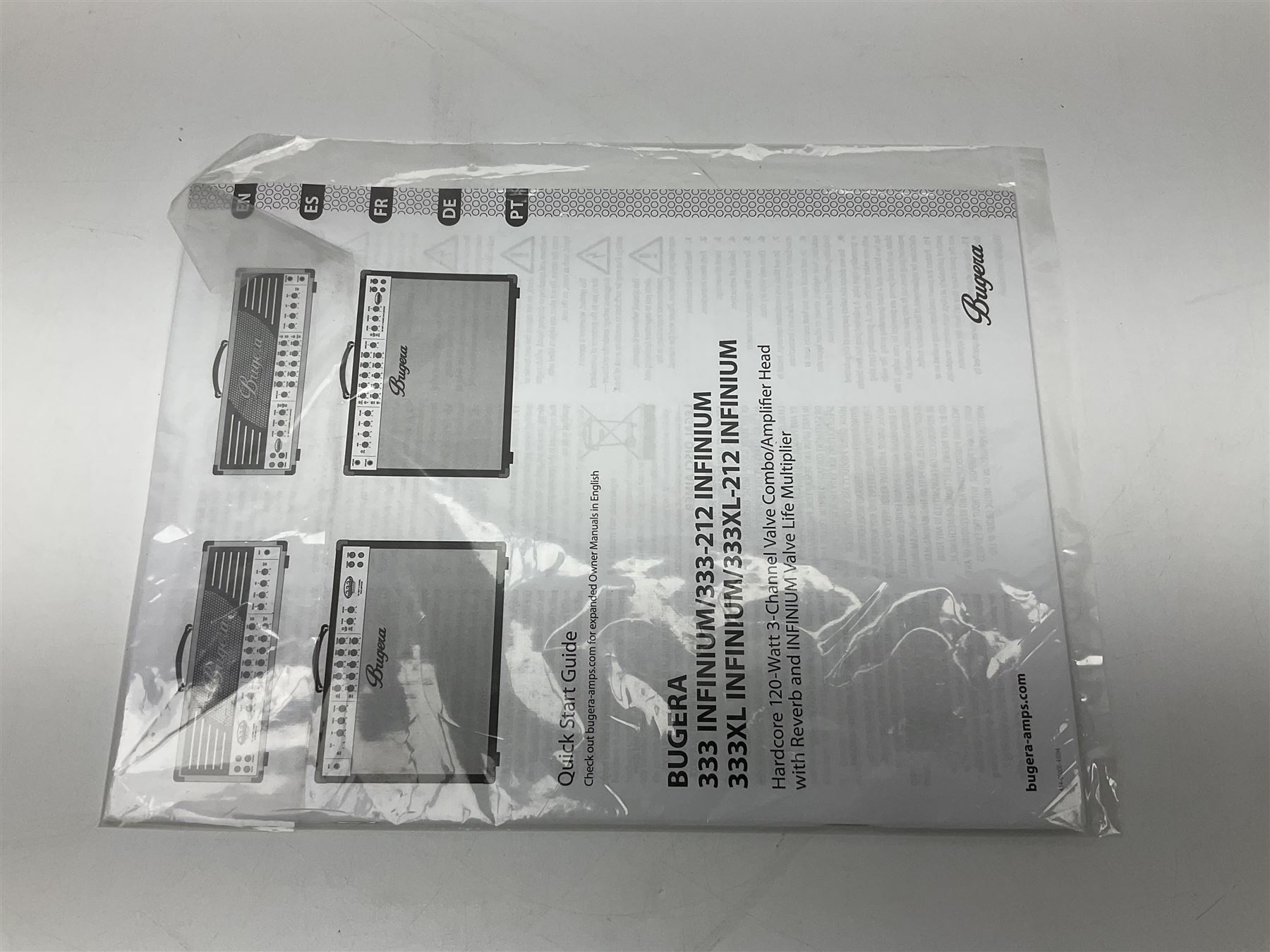 As new Bugera 333XL Infinium Hardcore 120-watt 3-channel tube amplifier head with reverb and Infinium tube life multiplier; date code 1507; number S1500576AAC L69cm; boxed with foot controller, power cable and paperwork