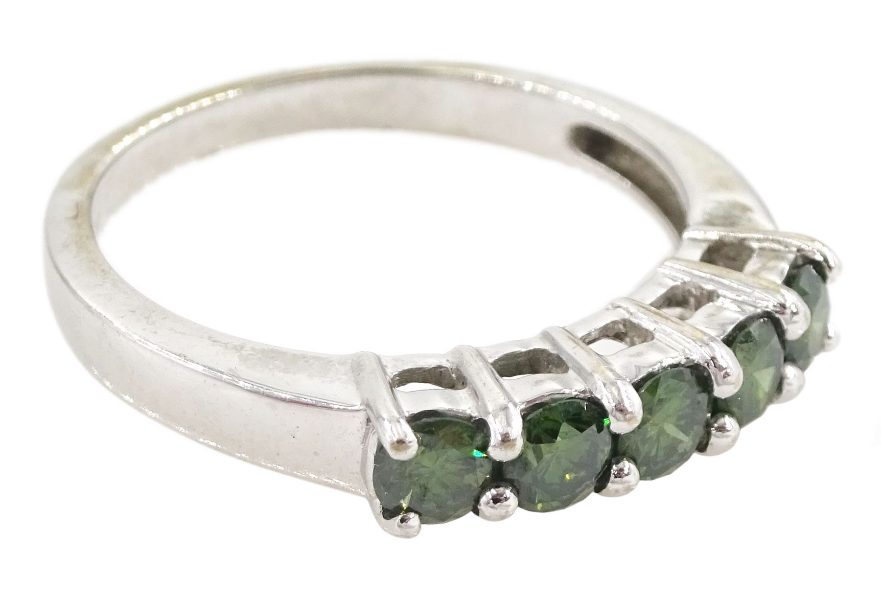 18ct white gold five stone, round brilliant fancy green diamond ring, hallmarked, total diamond weight approx 0.55 carat