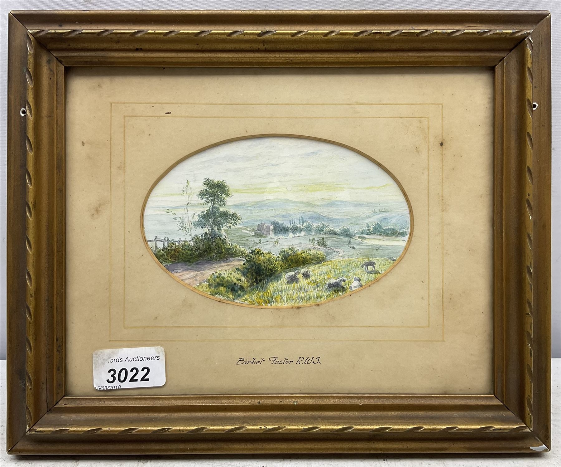 Circle of Myles Birket Foster (British 1825-1899): Expansive Landscape with Sheep, oval watercolour unsigned 9cm x 14cm