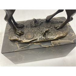 Bronze figure group, modelled as two male hares boxing, upon a naturalistic base signed Nick and with foundry mark, raised upon a rectangular marble base, H24cm