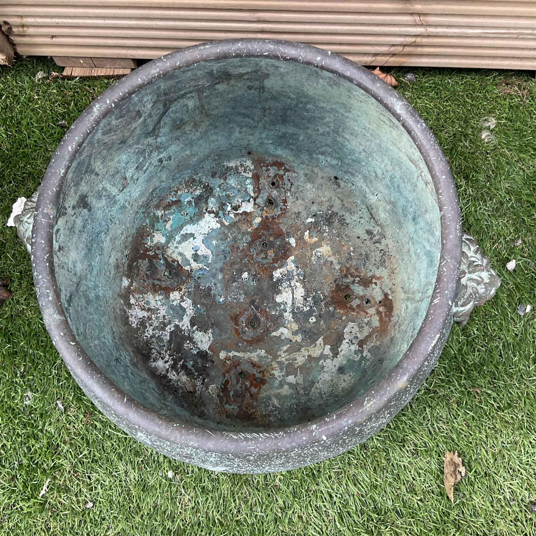 Small wrought metal garden planter with liner, circular cooking pot with lion handles - THIS LOT IS TO BE COLLECTED BY APPOINTMENT FROM DUGGLEBY STORAGE, GREAT HILL, EASTFIELD, SCARBOROUGH, YO11 3TX