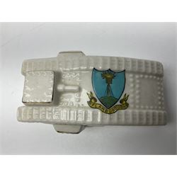 Ten WW1 crested china military models of tanks and field guns; various makers including Goss, Grafton China, Arcadian China, Savoy China etc; various crests including Portsmouth, Brighton, Pendleton, Paignton, Cowes, Flamborough etc (10)