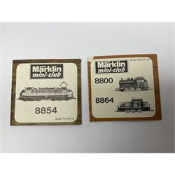 Marklin mini-club 'Z' gauge - DB Diesel Co-Co type locomotive; DB 0-6-0 Rangierlok type shuttle locomotive probably no.8864; and another DB 0-6-0 locomotive probably no.8800; together with an unmarked DB 4-6-2 tender locomotive and DB 2-6-0 tender locomotive; all unboxed (5)