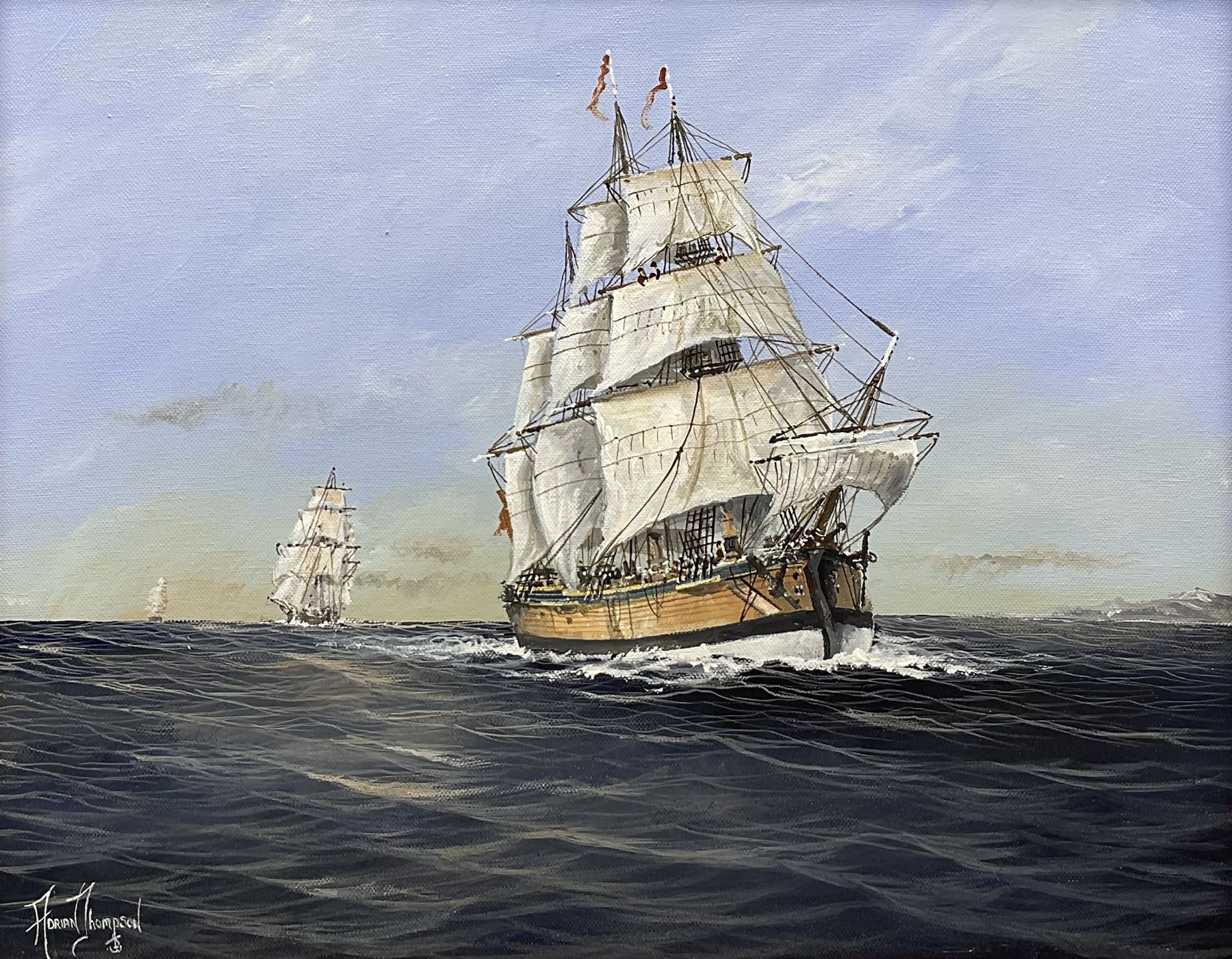 Adrian Thompson (British 1960-): Masted Ships at Sea, oil on canvas signed 40cm x 50cm