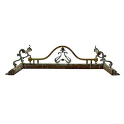 Three 20th century brass fenders, two with pierced Art & Crafts design rails, largest W156cm, D 45cm 