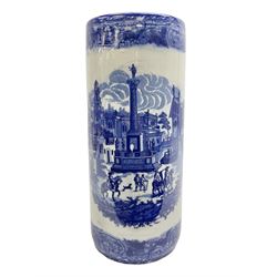 Victoria Ware blue and white umbrella stand, decorated with transfer print decorated with city scape, H43cm