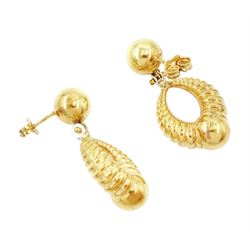 Pair of 18ct gold pendant earrings, each set with a ball stud, suspending a textured hoop drop, stamped 750
