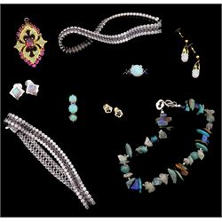 9ct gold jewellery including three stone opal ring, pair of opal pendant screw back earrings and a pair of star earrings, silver opal ring and earrings, two silver cubic zirconia bracelets and one other bead bracelet