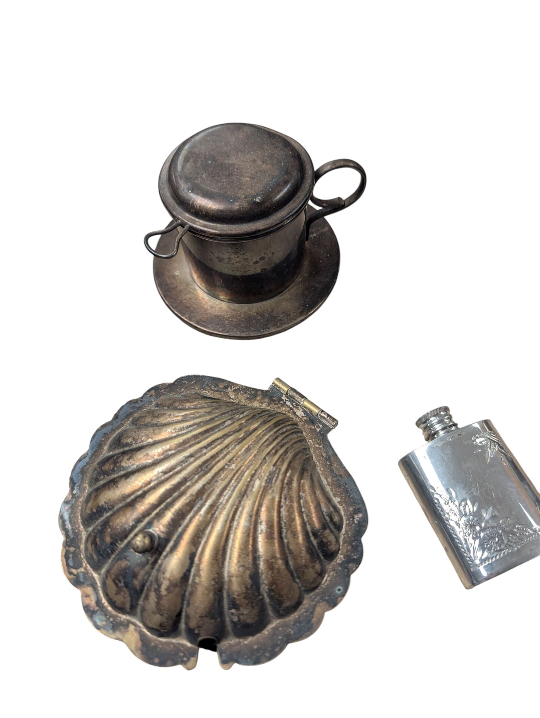 Collection of silver plate, including shell butter dish,  cafetiere, wicker handled coffee pot, etc