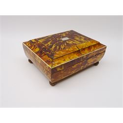 19th century tortoiseshell sewing box, of sarcophagal form upon four foliate detailed brass ball feet, the hinged cover edged in ivory with initialled silver plaque to centre, opening to reveal a silk lined interior, H9.5cm W22.5cm D18cm