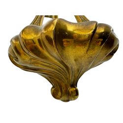 Pair of Art Nouveau design gilt metal ceiling lights, each with three stems connecting glass dome