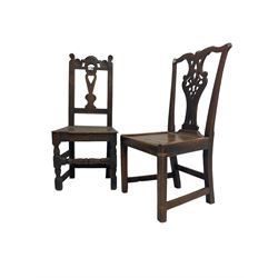 George III Chippendale design oak side chair, york cresting rail over pierced shaped splat back, solid seat raised on square supports (W52cm H93cm); 18th century oak side chair, scroll carved cresting rail with heart splat, panel seat raised on turned supports (W43cm H99cm)