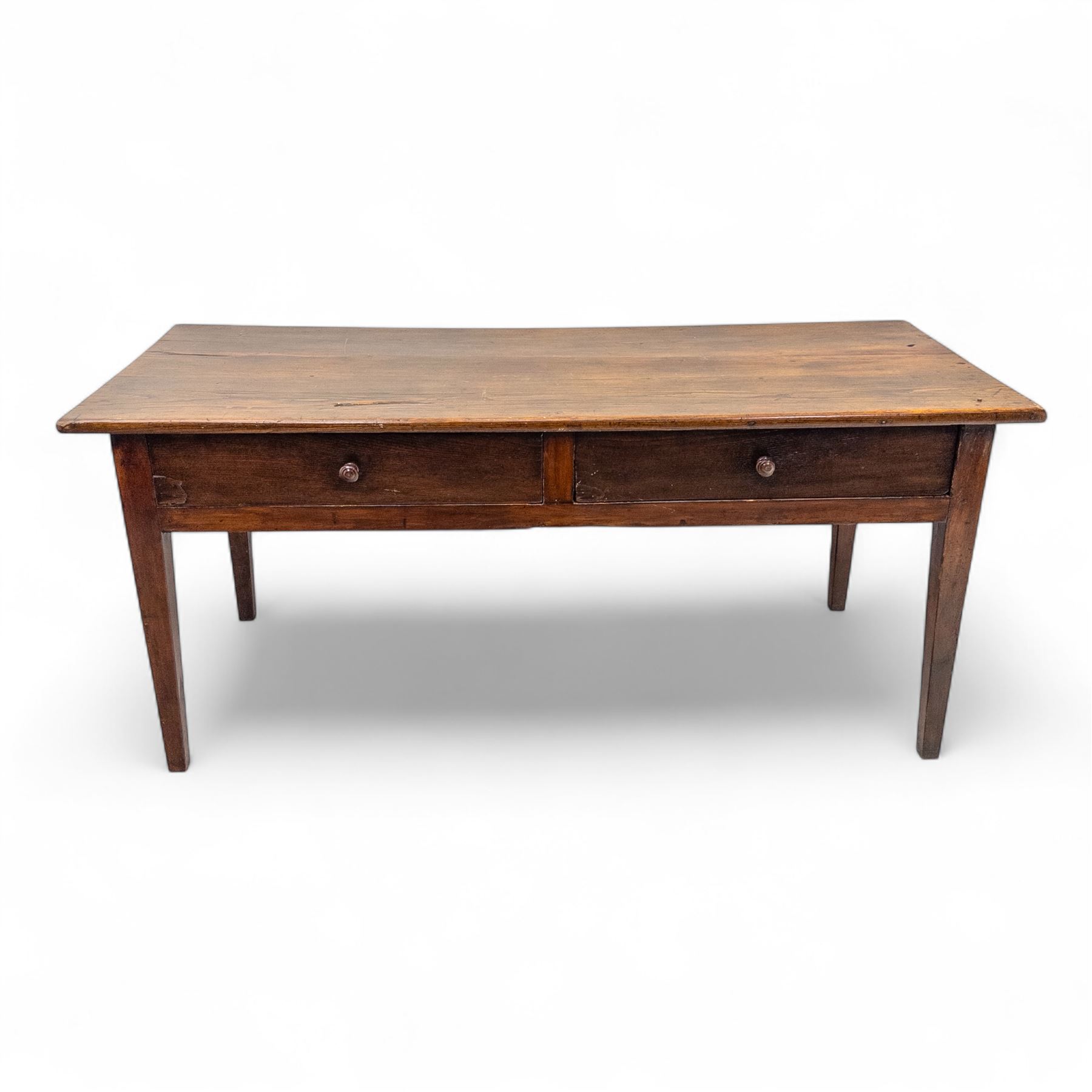 19th century provincial elm and oak farmhouse table, rectangular plank top above two frieze drawers fitted with turned wooden knobs, raised on square tapering legs
