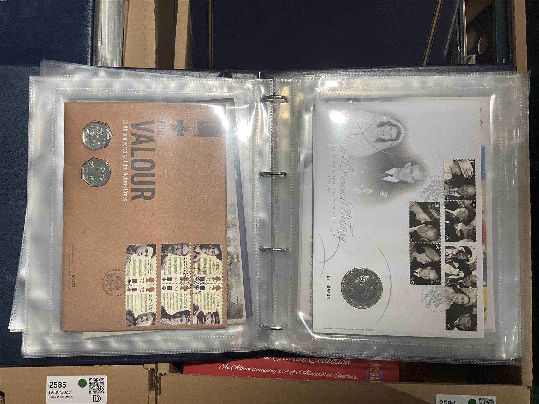 Approximately one hundred and fifteen Royal Mint coin covers, in two ring binder folders and loose, together with approximately 53 grams of Great British pre-1920 and approximately 68 grams of Great British pre-1947 silver threepence coins, and a small quantity of further pre-decimal coins