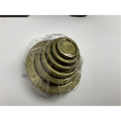 Black painted and brass kitchen balance scales with graduated set of brass weights