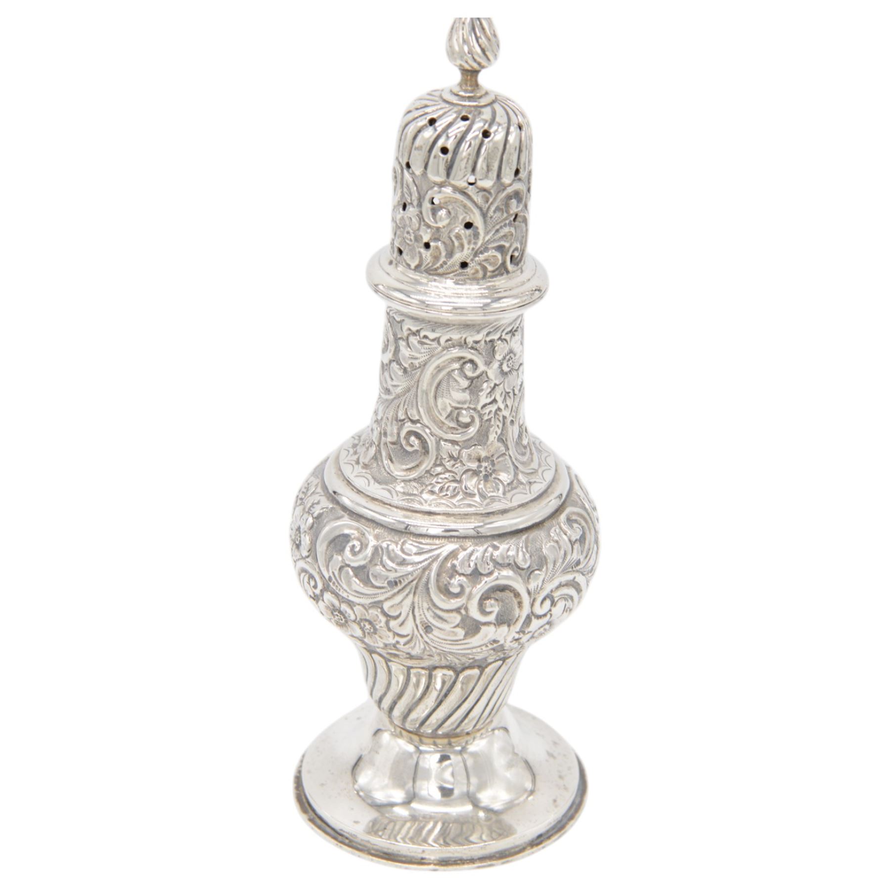 Edwardian silver sugar caster, of typical waisted form profusely embossed with floral and foliate decoration, the removable pierced cover with fluted finial, upon a circular stepped foot, hallmarked William Aitken, Birmingham 1901, H23cm