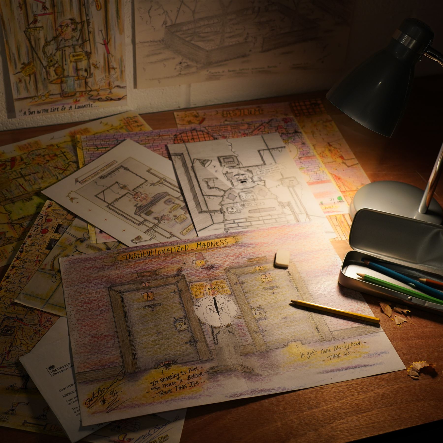 Charles Bronson (Charles Arthur Salvador) (British 1952-): A comprehensive collection of five hundred mixed media works executed between 2000 and 2025. Produced during the artist’s long-term incarceration, the works are primarily in ink, coloured pencil and mixed media on paper. The collection includes multiple formats: A5 (15 works), A4 (308 works), A3 (164 works) and A2 (13 works). Some are signed and dated; a number are executed on the reverse of official prison documents and other repurposed materials, reflecting the limited availability of art materials within the prison environment. This collection represents the largest body of the artist’s work to be offered as a single lot and has not previously been available on the market. (500) (unframed)

Notes: Dated examples span the period from 2000 to 2025, with the greatest concentration produced between 2012 and 2019 and including a group of recent large-scale works from the final years of the period; approximately twenty percent are undated.