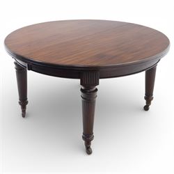 Spillman & Co. London - large Victorian mahogany extending dining table with three additional leaves, upon turned and reeded supports with ceramic castors, bearing ivorine label beneath detailed 'Spillman & Co. St. Martins Lane, London', extends to 302cm
