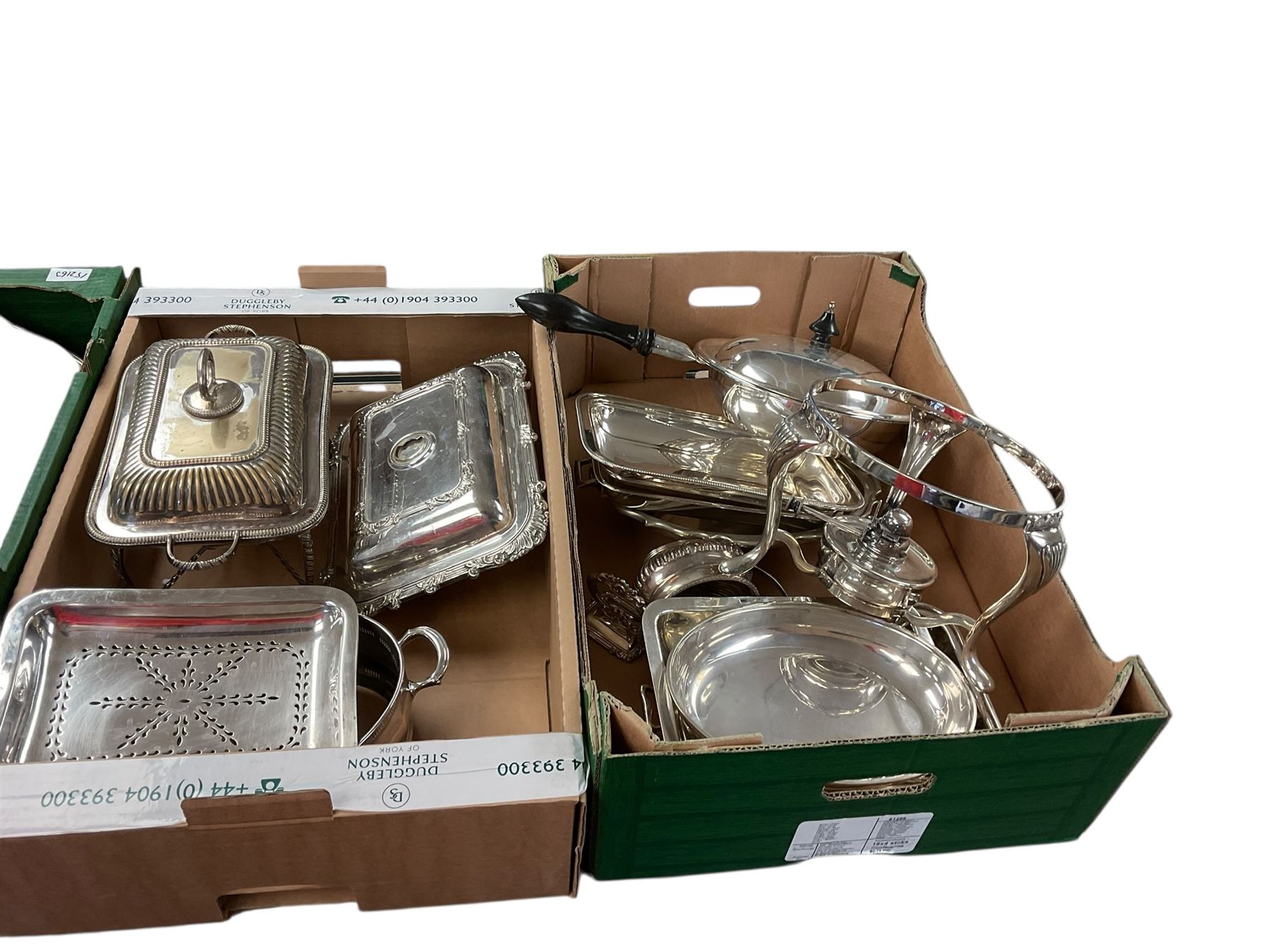 Victorian silver plate chafing dish, together with other silver plate, in three boxes 