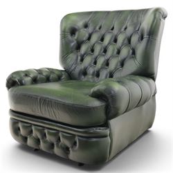 Thomas Lloyd - green leather chesterfield armchair, buttoned back, apron arm rests